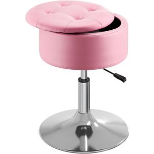 GREENSTELL Vanity Stool with Storage, 19" to 23" Height Adjustable PU Leather Vanity Chair, 360 Swivel Makeup Stool with Removeable Tray, Modern Ottoman for Bedroom Bathroom, Pink