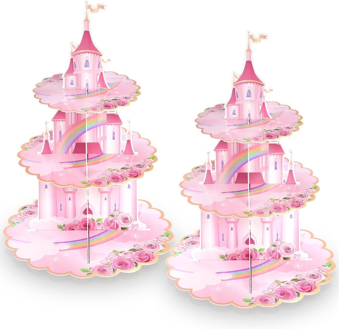 NatNarr 2 Pack Princess Birthday Party Decorations Pink Castle Cupcake Stand Princess Party Decorations Cupcake Holder for Girls Kids Baby Shower Birthday Party Supplies