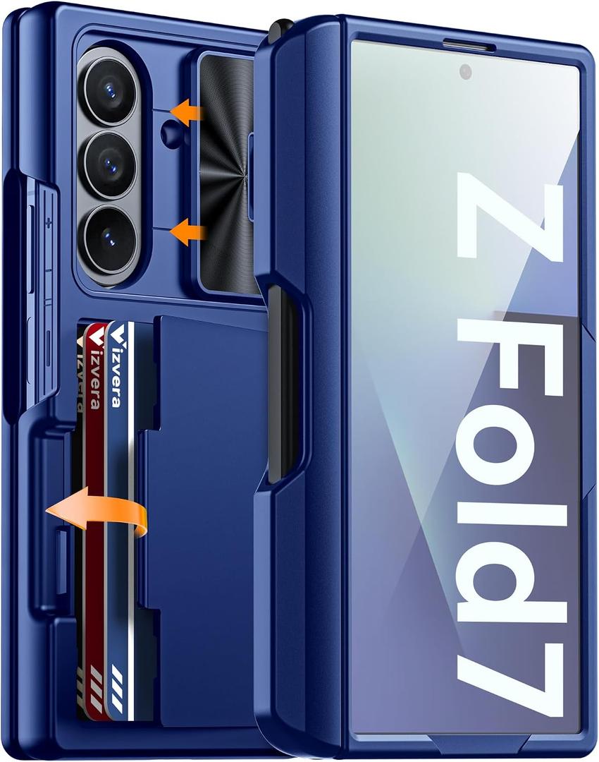 Vizvera for Samsung Galaxy Z Fold 7 Case RFID Wallet with Cards Holder [S Pen Included] [Camera Cover] Shockproof Silicone Protective Phone Case for Z Fold 7 2025(Blue)