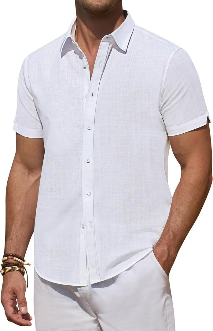 DEMEANOR Linen Shirts for Men Short Sleeve Button Down Shirts Summer Beach Casual Linen Button Up Shirt Vacation Wedding (Large, All White)