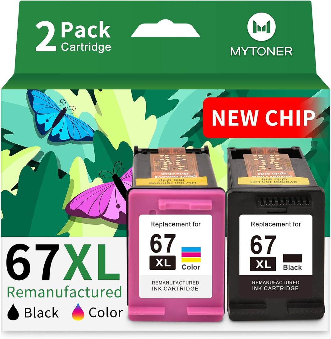 MYTONER 67XL HP Printer Ink Replacement for HP Ink 67 Black/Color Combo Pack HP 67 Ink for DeskJet 6055e 2755e 2855e 2800e 4155e 2700e 2700 Envy 6000 6400 Envy Pro 6458 Printer Ink HP 67 XL (2 Pack)