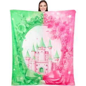 Hahafelt 50*60'' Witch Throw Blanket Pink and Green Vintage Flannel Blanket Musical Witch Princess Castle and Bow Party Decoration Birthday Gifts for BFF Couples Movie Night Bedding Sofa Picnic Stuff