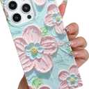 KERZZIL Elegent Girly 3D Flower Compatible with iPhone 13 Pro Rectangle Edge Case, Cute Floral Pattern Slim Soft TPU Protective Bumper Cases Cover(Blue,13 Pro)