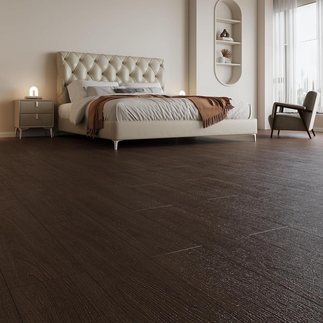 Dark Brown Wood Look Peel and Stick Vinyl Floor, 18 Sq.Ft, 12 Pack, 36 x 6 inch Planks for Bedroom, Kitchen, Living Room, RV