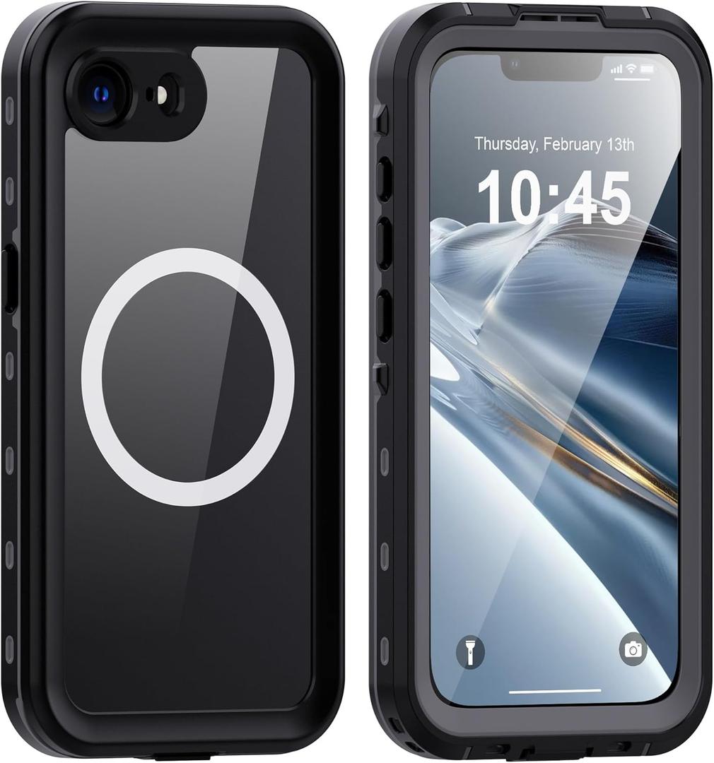 GOLDJU for iPhone 16e Case Waterproof, with IP68 Underwater & Magnetic, Built-in Screen Protector, Full-Body Protective Phone Case for iPhone 16e 2025, Black/Clear