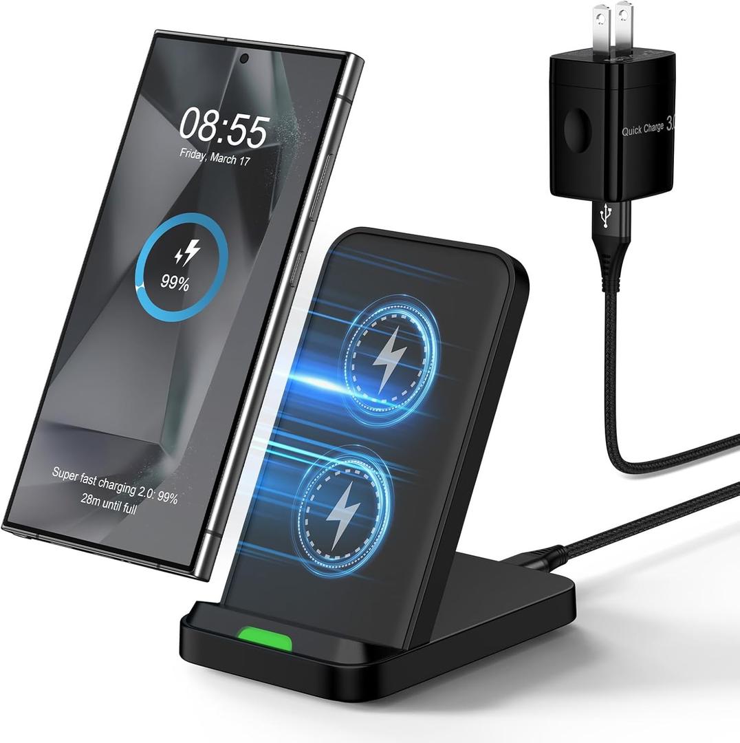 Wireless Charger Stand for Moto G Stylus 5G 2025/2024,Moto Edge/Razr 2025,Moto G Power 5G 2025/2024,15W Fast Charging Station with QC Adapter for Samsung Galaxy S25 S24FE,iPhone 17 16 15,Pixel 10 Pro (Black)