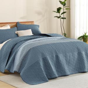 Litanika Quilt King Size Blue Linen, Stripe Patchwork Summer Bedspread Coverlet 3 Pieces, Soft Lightweight Microfiber Quilted Bedding Set for All Season(1 Quilt, 2 Pillowcases)