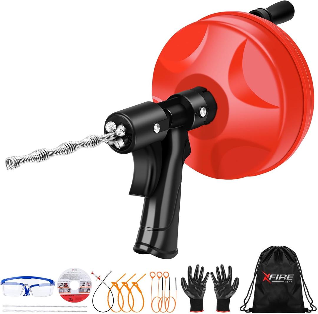 25 FT Plus Double Mode Drain Snake Tools, 13-in-1 Drain Auger for Sink and Drain Unblocking, Plumbing Snake for Kitchen, Bathroom and Shower Sink, Snake for Real DYIs[Upgraded 4.0] (25FT-red+black)