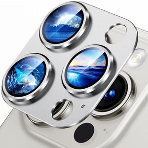 Uyiton Compatible with iPhone 15 Pro/iPhone 15 Pro Max Camera Lens Protector, [Not Easy to Break][Strong Adsorption][Case-Friendly] Metal Tempered Glass Rear Camera Screen Cover - Silver White