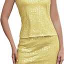 Woman Sparkly Sequin Two Piece Skirt Outfits Summer Sleeveless Cami Crop Top Sexy Bodycon Mini Skirt Sets (Yellow, L)