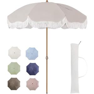 Tempera 7ft Outdoor Patio Umbrella with Carry Bag,Beach Umbrella with Fringe|Vintage Tassel Umbrella with Prime Steel Pole and Ribs Push Button Tilt,Ideal for Garden Lawn,UPF50+, Beige
