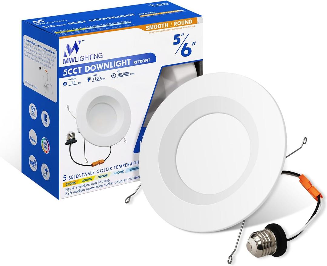 mw LED Recessed Lighting 6 Inch Retrofit,2700K/3000K/3500K/4000K/5000K,6 LED Can Light Retrofit,Smooth Trim,14W Equal 100W,1100LM,IC & Wet Rated, ETL and California JA8 Certified