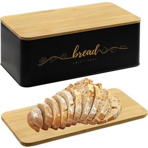 Bread Box with Bamboo Cutting Board Lid, Metal Bread Box for Kitchen Counter, Small Bread Storage Container, Black Bread bin for Kitchen Countertop