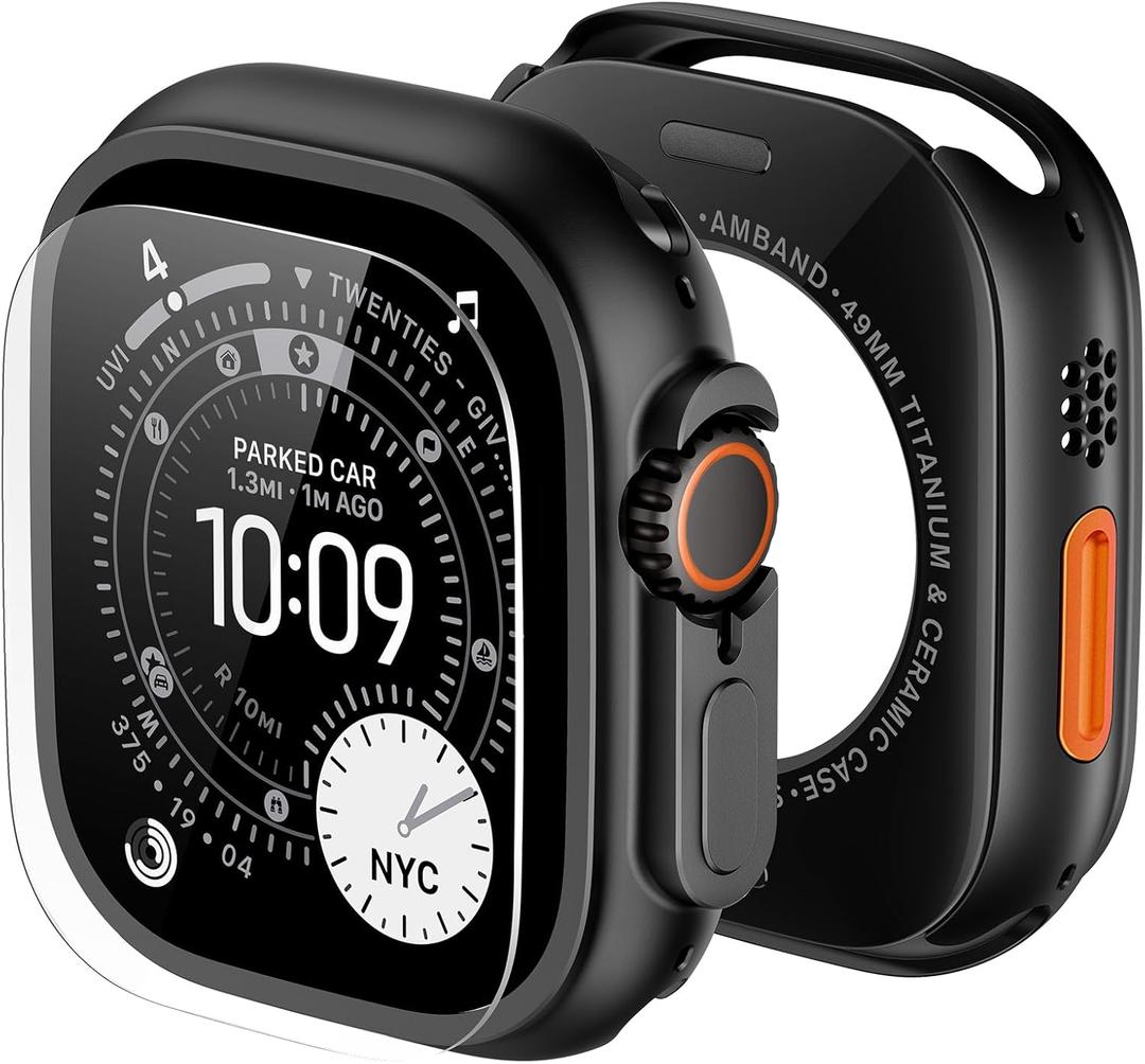 amBand Metal Case Screen Protector Cover for Apple Watch Ultra 3/Ultra 2/Ultra 49mm, W3 Rugged Bumper Thin Frame + 9H Tempered Glass Film + Ceramic-Like Back Cover, [Stylish] [Waterproof], Matte Black