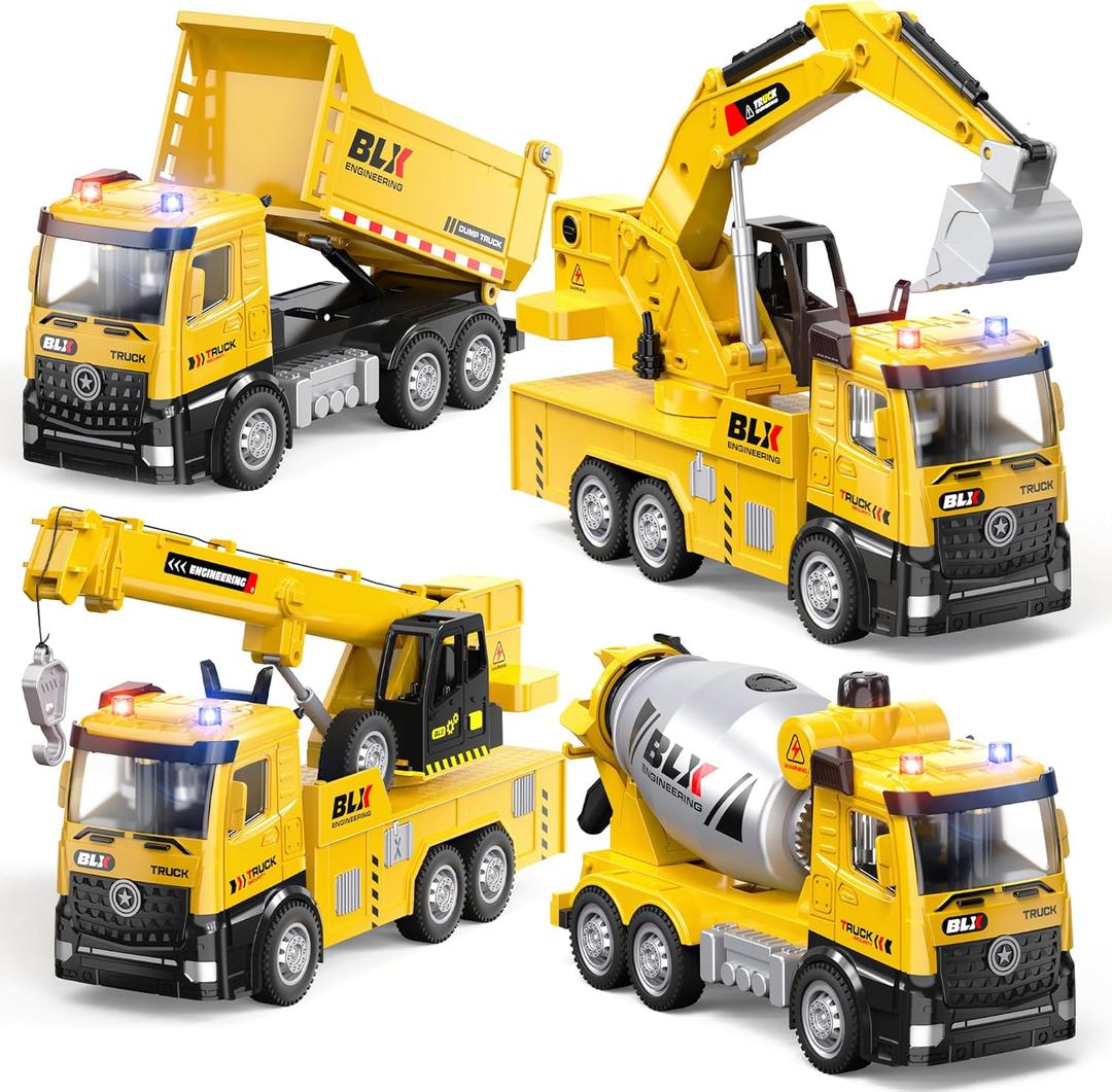 Vanvimen 4 Pcs Alloy Construction Truck Toys for 2 3 4 5 Year Old Boys, 9" Construction Vehicles with Light & Sound, Truck Toys for 1 2 3 Year Old Boys, Ideas 2 3 4 5 Year Old Boy Birthday Gifts (Yellow)
