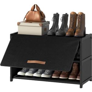 Shoe Rack, 3 Tier Shoe Storage Cabinet with Door 12 Pair Plastic Shoe Shelves Organizer for Closet, Entryway, Hallway, Bedroom, Black