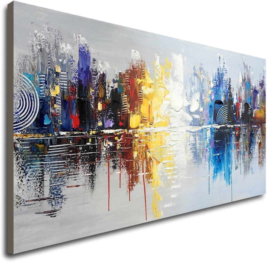 Hand-painted Textured City Oil Painting on Canvas Reflection Abstract Cityscape Wall Art for Decor, 40"L x 20"W