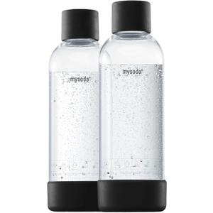 Carbonating Bottles 2Pck 1L - Compatible with MySoda and any brands - Lid and Base Made of Wood Composite - Quick-Lock Reusable Bottles - BPA Free - Black