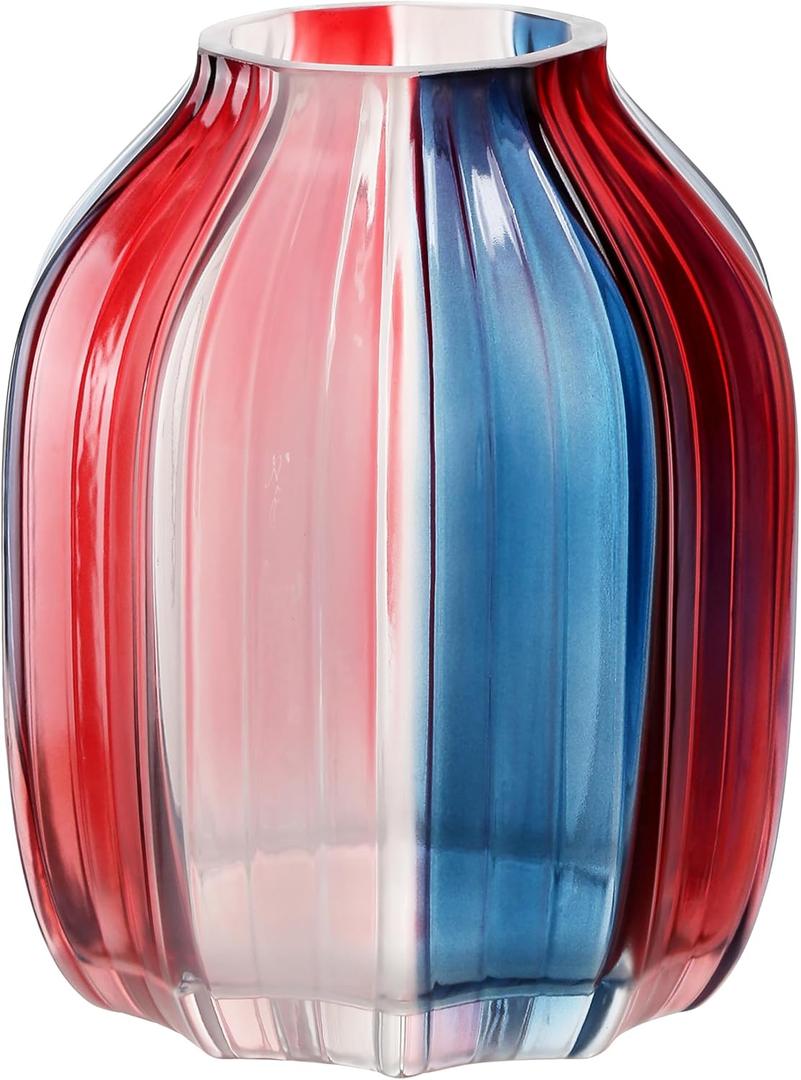 4th of July Decorations Christmas Glass Vase for Flowers Red White and Blue Modern Vase Bouquet 8.0" Patriotic Deco Fourth of July Decorations for Home Centerpieces,Holiday Party,Office