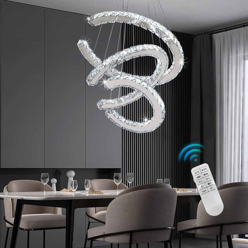 Finktonglan Modern Chandeliers Dimmable, 3 Rings Crystal Chandeliers with Remote Control, Shape Adjustable, LED Linear Chandelier Pendant Island Light for Kitchen Dining Room Living Room, H47.2''