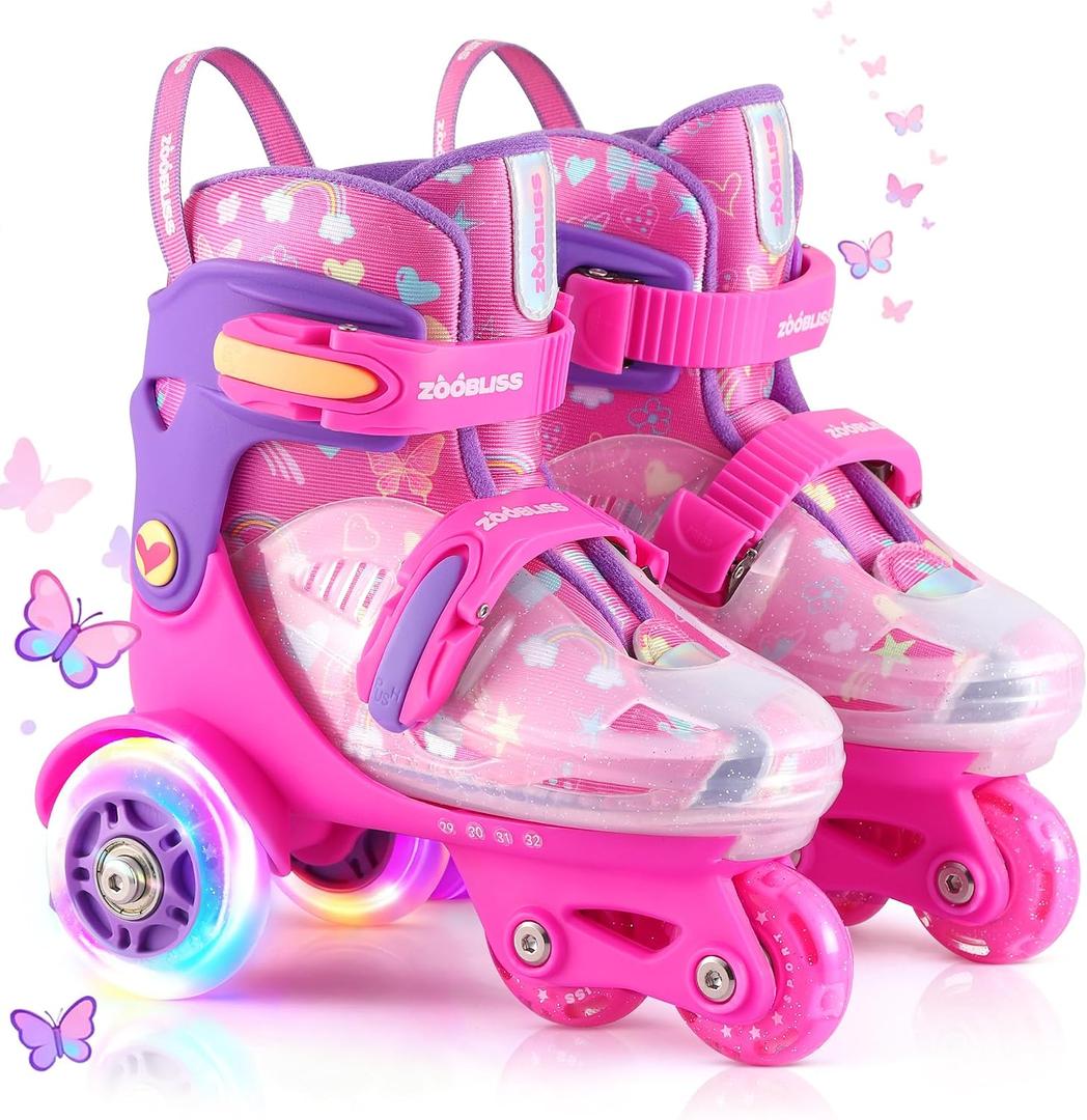 Kids Roller Skates for Beginners - ZOOBLISS Toddler Roller Skates for Girls Ages 3-7 with Light-Up Wheels & 4 Adjustable Sizes, Tri-Wheel Training Skates for Kids (Butterfly Pink), XS (25-28)