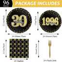 96PCS 30th Theme Birthday Party Tableware Vintage 1996 Party Supplies 30 Year Old Birthday Decorations Plates Napkins Forks Black and Gold Dinnerware Favors for Men or Women