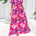 BTFBM Womens Spring 2026 Casual Maxi Dresses Short Sleeve Smocked Tiered Floral Boho Long Beach Dress with Pockets (L)