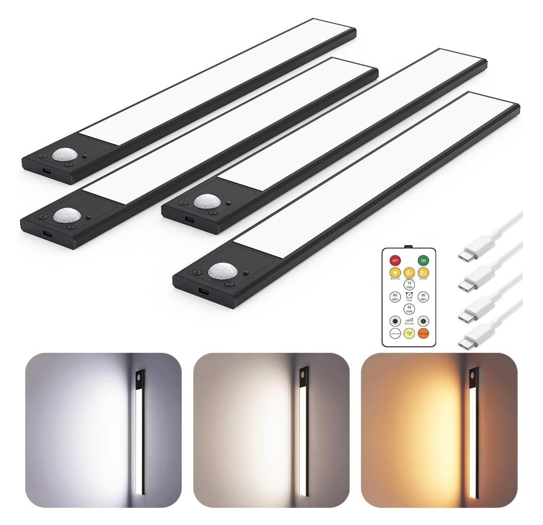 12" UltraThin Under Cabinet Lighting Wireless, Aluminum Alloy Under Counter Lights for Kitchen, 3ColorTemps Magnetic Closet Lights, Rechargeable Motion Sensor Light Indoor (4 Pack, Black)