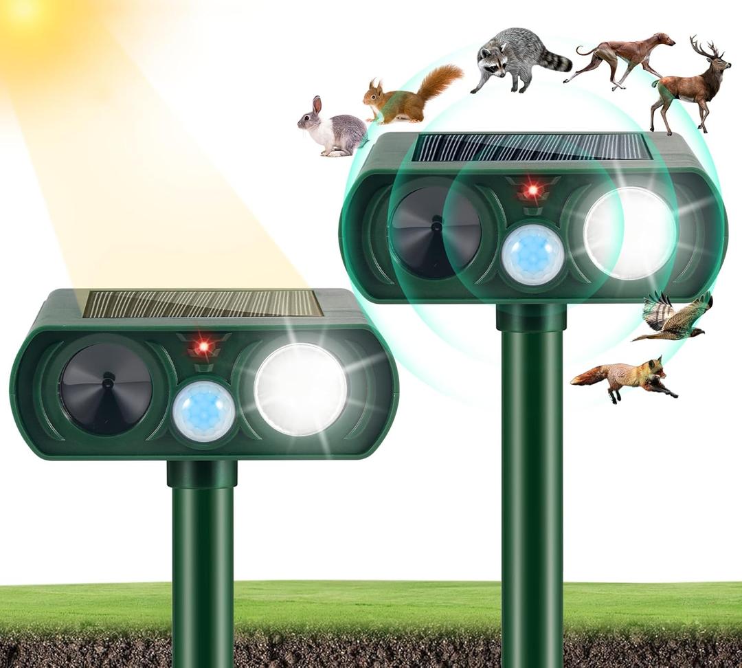 2 Pack 2025 Solar Ultrasonic Animal Repellent Outdoor Deer Repellent Devices Motion Detection Waterproof Cat Skunk Dog Raccoon Squirrel Rabbit Deterrent Animal Repeller LED Flash Light for Yard Farm