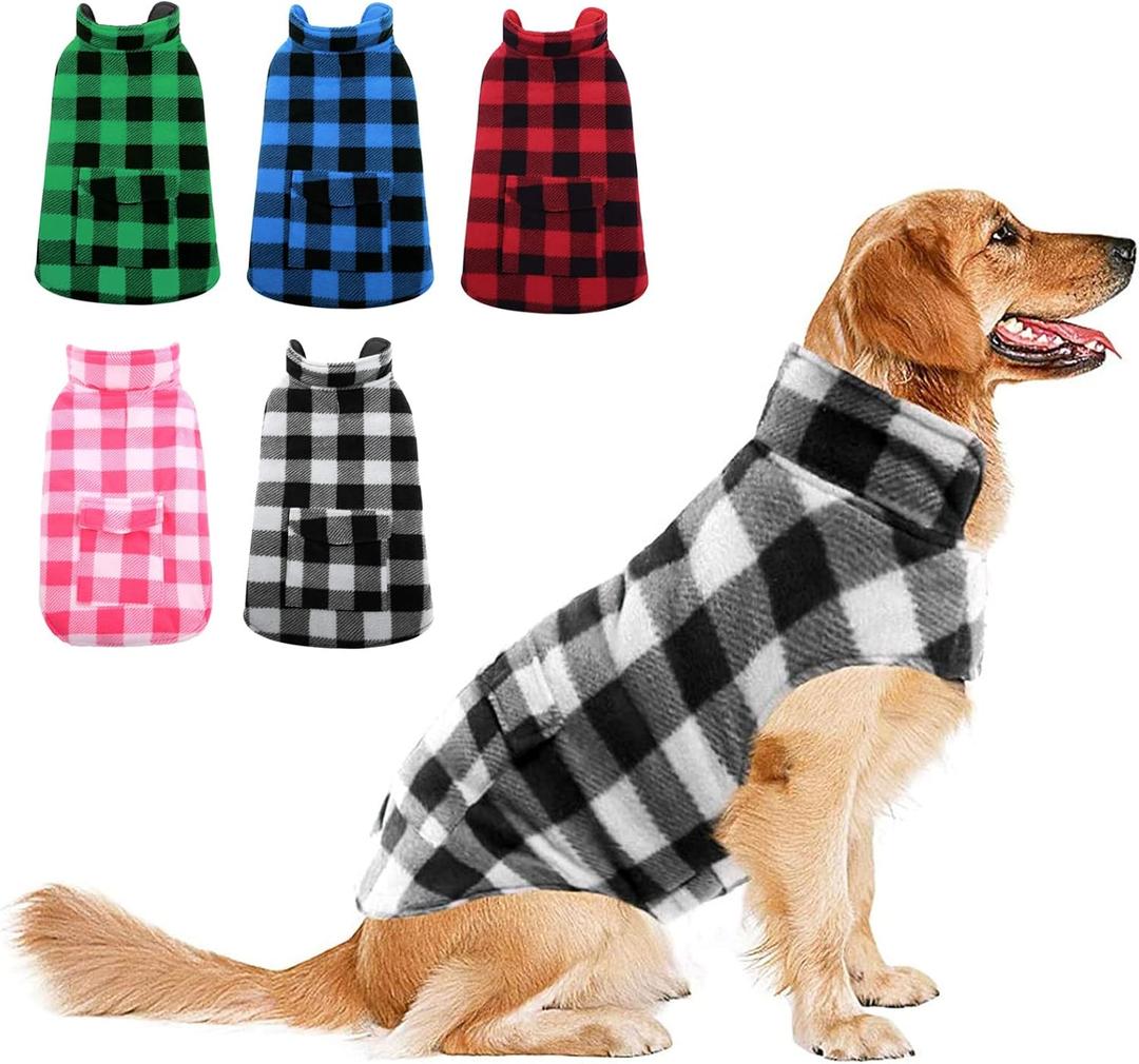 ASENKU Dog Winter Coat, Fleece Doggie Jacket Plaid Reversible Vest Waterproof Windproof Cold Weather Clothes for Small Medium Large Dogs (L, White)
