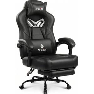 N-GEN GAMING Big & Tall Gaming Chair, Footrest, Lumbar Support, Dark Black | Ergonomic High-Back Chair for Adults, Padded Wide Seat with Heavy-Duty Base, Reclining Comfort for Computer, Office/Home Use