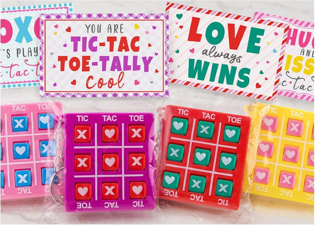 ORIENTAL CHERRY Valentines Day Gifts for Kids - 24 Pack Valentines Cards with Tic Tac Toe Keychains - Valentine Gift Exchange for School Class Classroom Party Favors Boys Girls