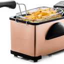OVENTE Electric Deep Fryer 2L Capacity, Lid with Viewing Window, Adjustable Temperature, Removable Frying Basket & Cool Touch Handle, 1500W Power, Easy to Clean Stainless Steel Body, Copper FDM2201CO