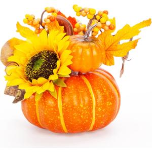 BigOtters 7 Inch Pumpkin Decor, Large Fake Pumpkin with Sunflower Maple Leaves, Fall Table Decor Halloween Thanksgiving Table Centerpiece & Farmhouse Decorations