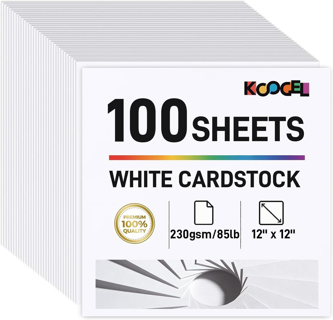 Koogel 100 Sheets White Cardstock, 12 x 12 Inch Craft Paper Construction Paper for Printer Card Making, Back to School Supplies, 230GSM
