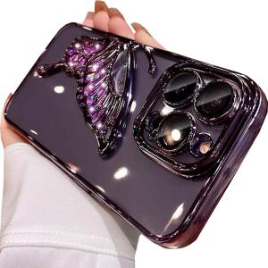 Glitter 3D Butterfly Case for iPhone 14 Pro Max, Cute Luxury Bling Sparkle Liquid Flowing Case with Camera Lens Protector Plating Bumper for Women and Girls (Purple)
