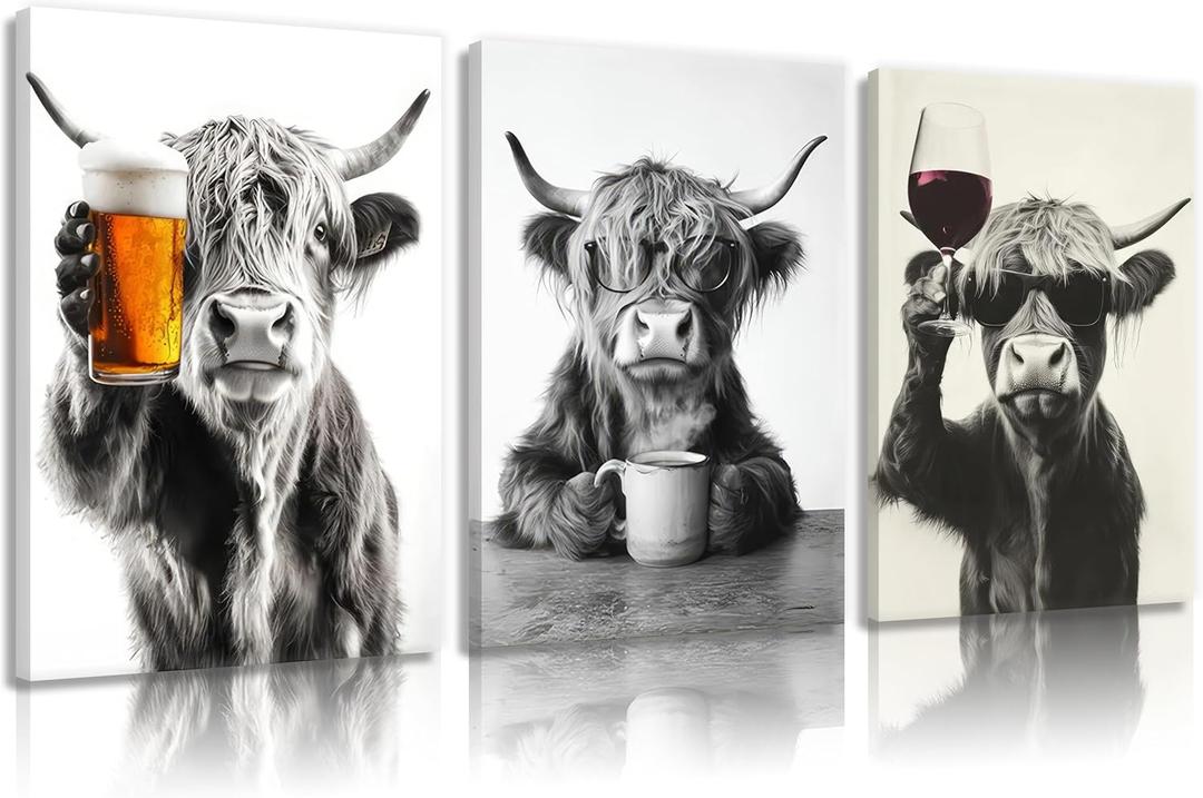 KKP Highland Cow Canvas Wall Art Set - Funny Animal Prints with Beer, Coffee & Wine, Rustic Farmhouse Wrapped Canvas Decor for Modern Country Kitchen, Dining Room, Bar, Living Room & Man Cave 12x16in