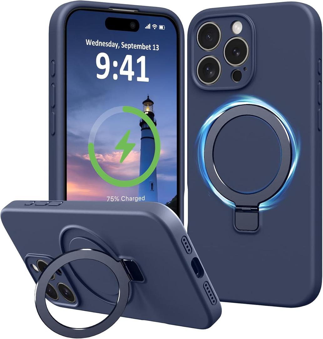 Compatible with iPhone 16 Pro Max Case Stand, Slim Liquid Silicone Phone Case Fit for iPhone 16 Pro Max Compatible with MagSafe Magnetic Ring Kickstand Case Full Camera Protection, Dark Blue