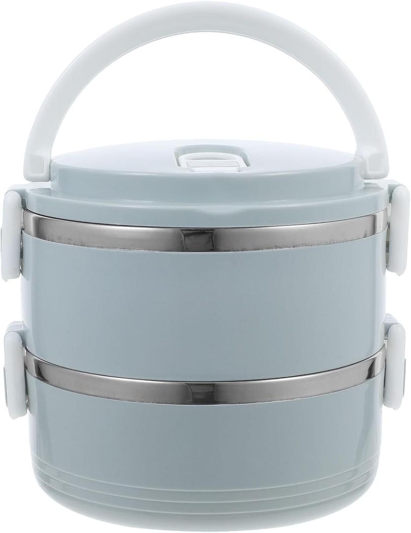 Double-Layer Stainless Steel Bento Lunch Box with Compartments and Ergonomic Handle - Insulated Food Container for Office, Travel, and Kitchen Use - Blue, 5.90 X 5.51 X 5.51 Inches