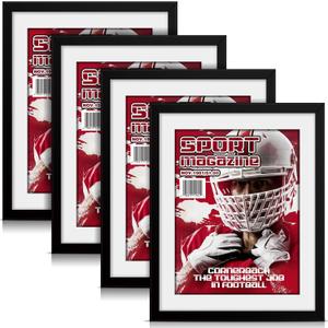 Geetery 4 PCS Sports Magazine Frame Fits Measuring 8.5 x 11.25 Inch Magazine Display Frame with Installed Hangers and Core Matting Plastic for Wall Hanging(Black, White Mat)