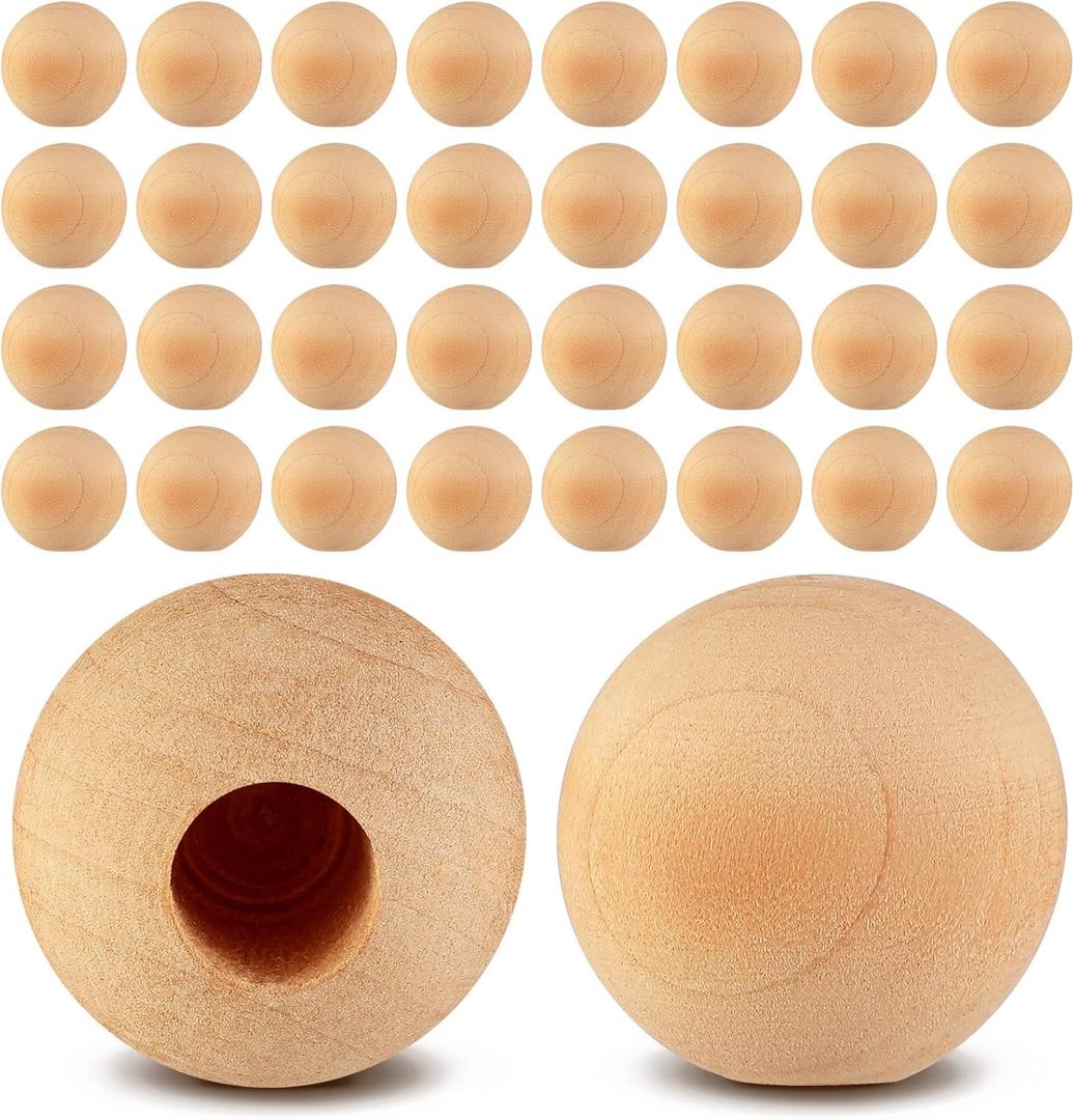 Pinkunn 50 Pcs Wood Finials Dowel Rods Caps 1/2 Inch Hole Unfinished Wood Drawer Knobs Pulls Handles Small Round Wooden Rods Caps for Crafts, DIY, Cabinet, Furniture, Drawer