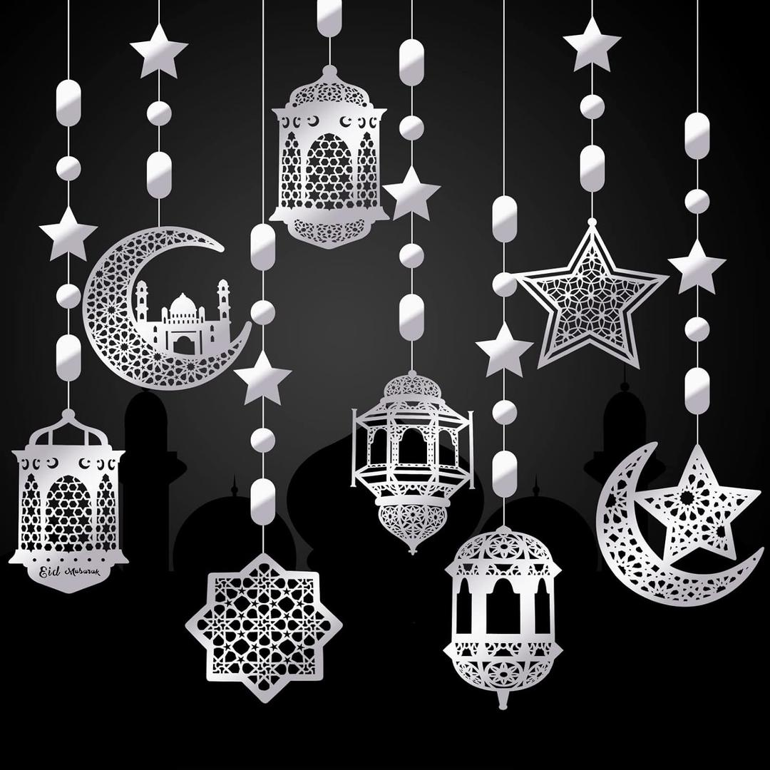 Zonon 24 Pcs Islamic Star Moon Lantern Ramadan Garland Eid Decoration Streamer Ramadan Mubarak Party Banner Backdrop Shining Hanging Wall Decorations for Home Wedding Decor Islam Party(Silver)