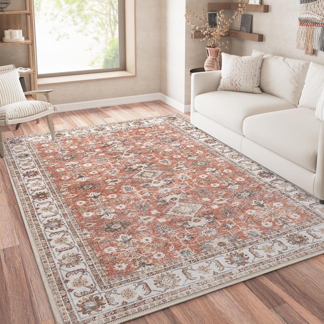 jinchan Area Rug 6x9 Washable Vintage Traditional Rug Kitchen Floor Cover Thin Mat Distressed Floral Print Indoor Carpet for Bedroom Living Room Dining Room Brick Red