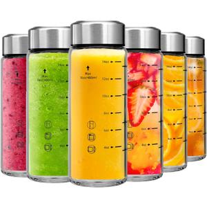 Glass Juice Bottles 6 Pack 16 oz - Wide Mouth Glass Water Bottles with Lids - Borosilicate,Stainless Steel Lids for Juicing, Smoothies, Infused Water, Beverage Storage, Leakproof, Reusable, BPA Free