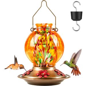 BOLITE Hummingbird Feeder, Hand Blown Glass Hummingbird Feeders for Outdoors Hanging, with Ant Moat and 5 Feeding Ports, 20 Ounces, Meshy Texture Ball Shape Bottle, Orange, Gifts for Women Men
