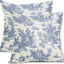aportt French Country Pillow Covers Set of 2 20x20 Inch Vintage Toile Blue Cotton Linen Polyester Decorative Throw Pillow Case Cushion Cover for Bedroom Sofa Living Room Couch Chair Office