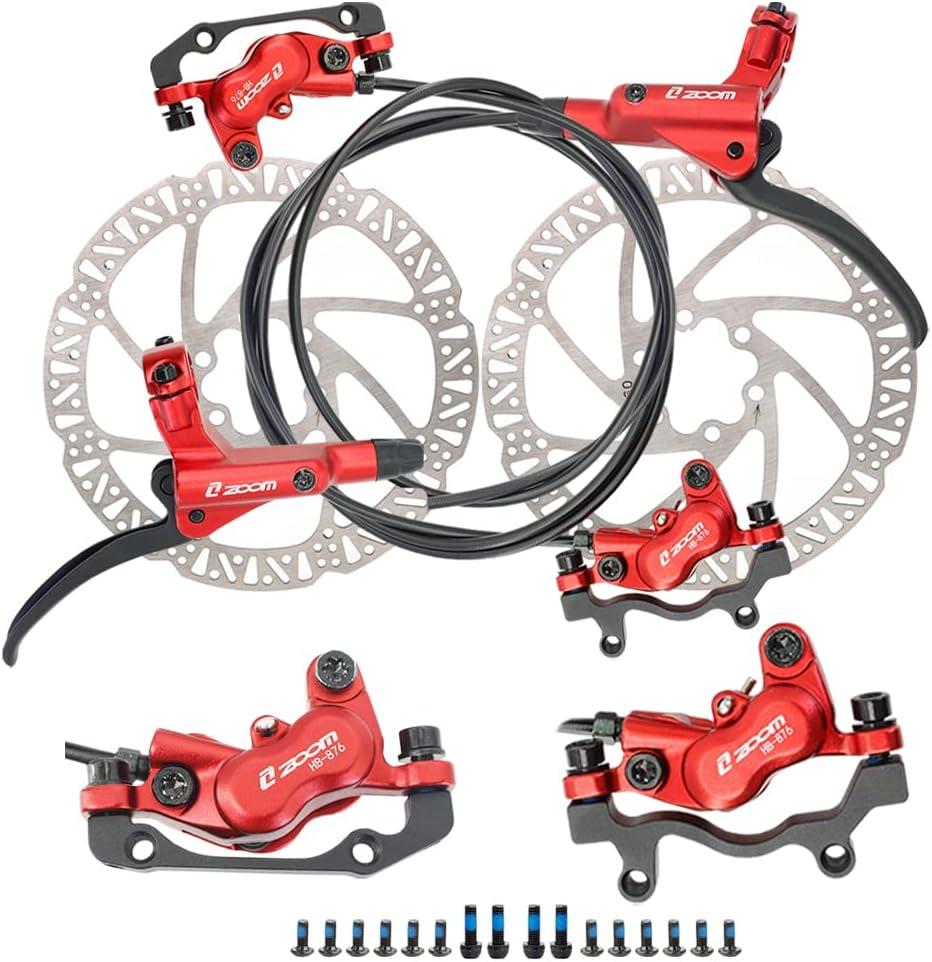 JFOYH zoom HB876 4-Piston Pre-Bled Hydraulic Disc Brake Set for Mountain Bike, Bike Disc Brake Kit with 160mm Rotors, Front and Rear Levers(PM Adapter Included) - Left-Front&Right-Rear (ZM3000 Red)