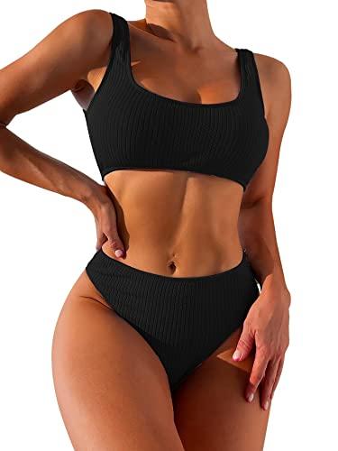 Lilosy High Waisted Tummy Control Bikini Ribbed Sporty Brazilian Swimsuit Set Women Highwaisted Cheeky Cut Leg Rise Bottom Crop Push Up Top 2 Piece Bathing Suit Black 2# Size medium