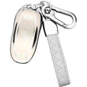 Sindeda Premium Key Cases for Tesla Model S 3 Y Ultra-Thin and Ultra-Light Key Fob Cover Waterproof Keychain (White)