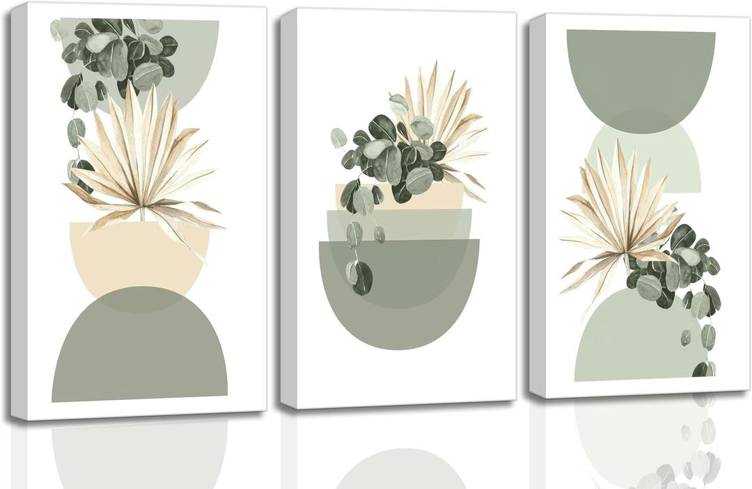 3 Pcs Neutral Abstract Boho Canvas Wall Art Beige Sage Green Mid Century Modern Plants Bohemia Pictures Wall Decor Posters Prints for Bedroom Living Room Bathroom Office Home Decoration